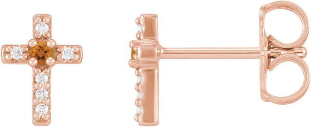 14K Gold Round Natural Citrine Accented Cross Earrings – 1.5-2mm Stones - Rose Gold