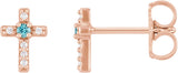 14K Gold Round Natural Blue Zircon Accented Cross Earrings – 1.5-2mm Stones - Rose Gold
