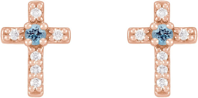 14K Gold Round Natural Aquamarine Accented Cross Earrings – 1.5-2mm Stones - Rose Gold - view 2