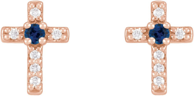 14K Gold Round Natural Blue Sapphire Accented Cross Earrings – 1.5-2mm Stones - Rose Gold - view 2
