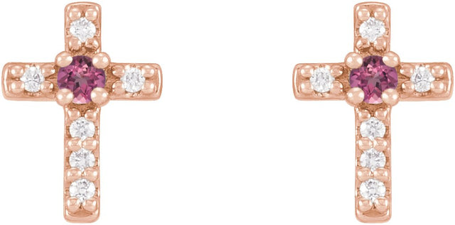 14K Gold Round Natural Pink Tourmaline Accented Cross Earrings – 1.5-2mm Stones - Rose Gold - view 2