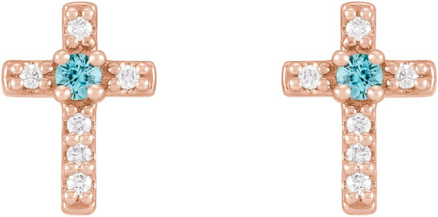 14K Gold Round Natural Blue Zircon Accented Cross Earrings – 1.5-2mm Stones - Rose Gold - view 2