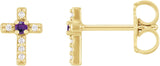 14K Gold Round Natural Amethyst Accented Cross Earrings – 1.5-2mm Stones - Yellow Gold