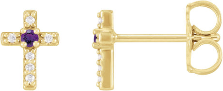 14K Gold Round Natural Amethyst Accented Cross Earrings – 1.5-2mm Stones - Yellow Gold