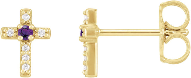 14K Gold Round Natural Amethyst Accented Cross Earrings – 1.5-2mm Stones - Yellow Gold