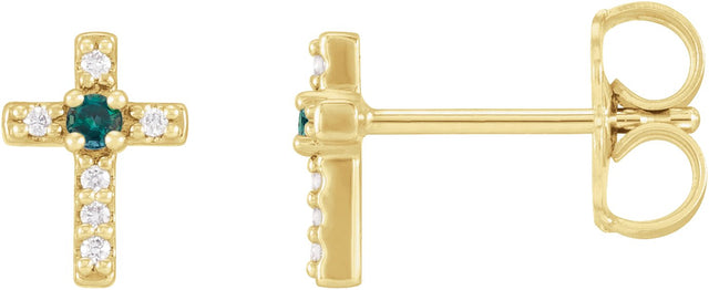 14K Gold Round Natural Alexandrite Accented Cross Earrings – 1.5-2mm Stones - Yellow Gold