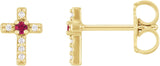 14K Gold Round Natural Ruby Accented Cross Earrings – 1.5-2mm Stones - Yellow Gold