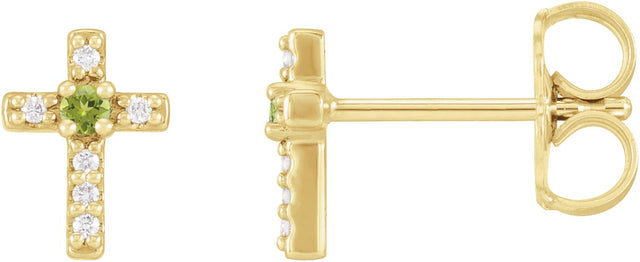 14K Gold Round Natural Peridot Accented Cross Earrings – 1.5-2mm Stones - Yellow Gold