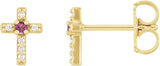 14K Gold Round Natural Pink Tourmaline Accented Cross Earrings – 1.5-2mm Stones - Yellow Gold