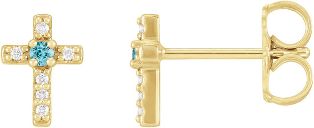 14K Gold Round Natural Blue Zircon Accented Cross Earrings – 1.5-2mm Stones - Yellow Gold