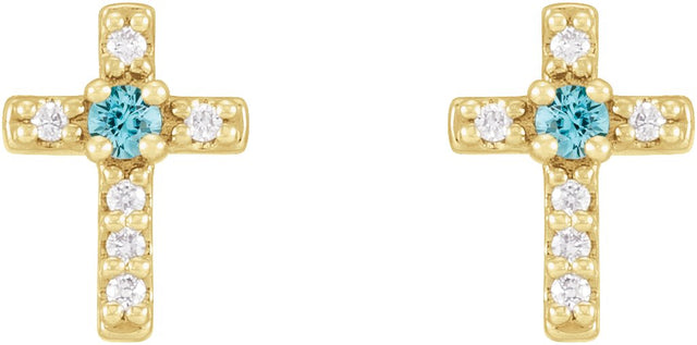 14K Gold Round Natural Blue Zircon Accented Cross Earrings – 1.5-2mm Stones - Yellow Gold - view 2