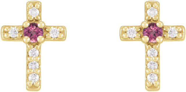 14K Gold Round Natural Pink Tourmaline Accented Cross Earrings – 1.5-2mm Stones - Yellow Gold - view 2