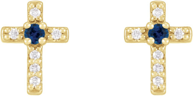 14K Gold Round Natural Blue Sapphire Accented Cross Earrings – 1.5-2mm Stones - Yellow Gold - view 2
