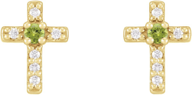 14K Gold Round Natural Peridot Accented Cross Earrings – 1.5-2mm Stones - Yellow Gold - view 2