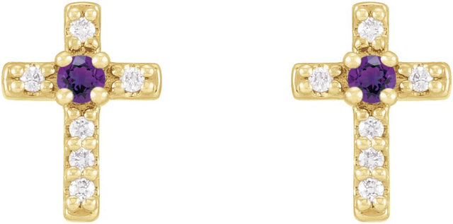 14K Gold Round Natural Amethyst Accented Cross Earrings – 1.5-2mm Stones - Yellow Gold - view 2