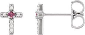 Platinum Round Natural Pink Tourmaline Accented Cross Earrings – 1.5-2mm Stones