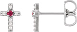 14K Gold Round Natural Ruby Accented Cross Earrings – 1.5-2mm Stones - White Gold