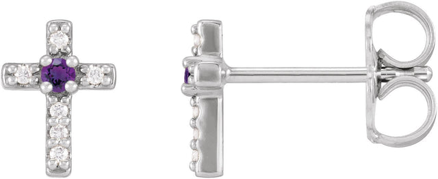 14K Gold Round Natural Amethyst Accented Cross Earrings – 1.5-2mm Stones - White Gold