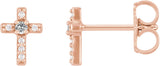 14K Gold Round Natural White Sapphire Accented Cross Earrings - Rose Gold