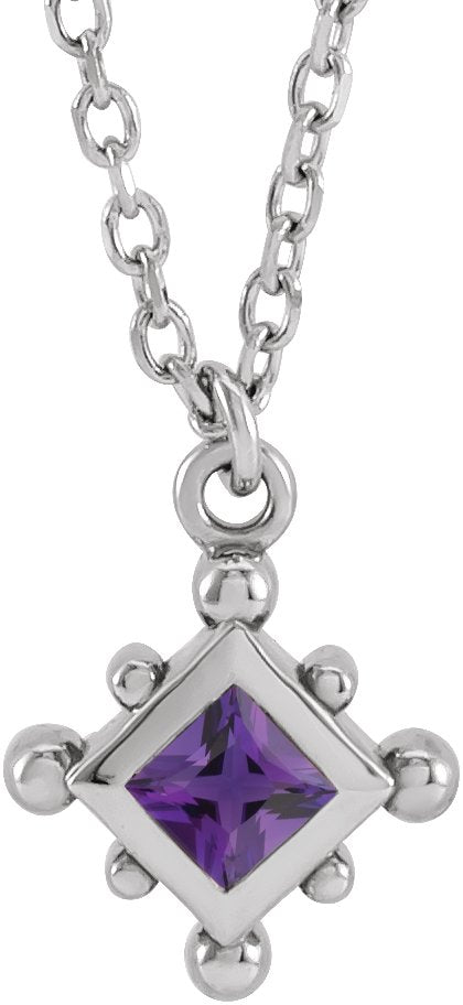 14K Gold Square Natural Amethyst Bezel-Set Beaded Necklace - White Gold