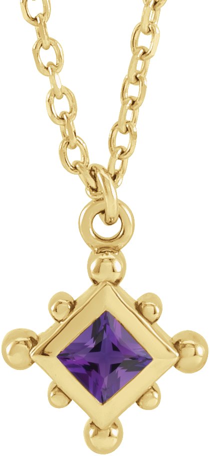 14K Gold Square Natural Amethyst Bezel-Set Beaded Necklace - Yellow Gold