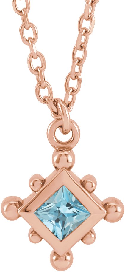 14K Gold Square Natural Aquamarine Bezel-Set Beaded Necklace - Rose Gold