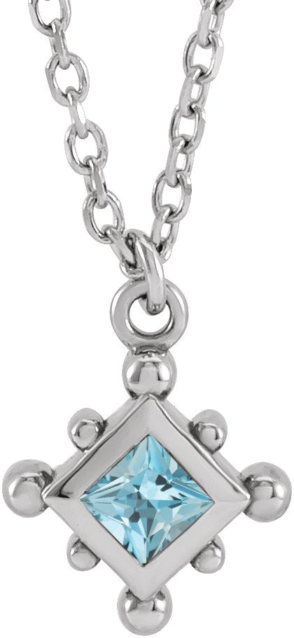 14K Gold Square Natural Aquamarine Bezel-Set Beaded Necklace - White Gold