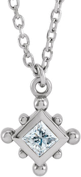 14K Gold Square Natural Diamond Bezel-Set Beaded Necklace - White Gold