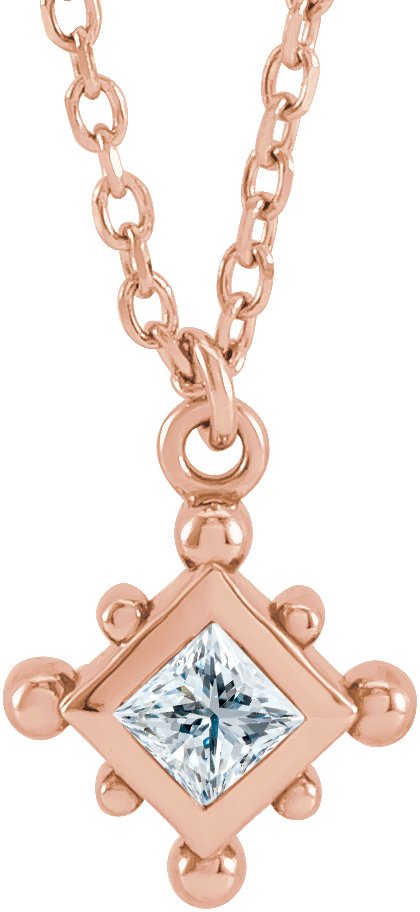 14K Gold Square Natural Diamond Bezel-Set Beaded Necklace - Rose Gold