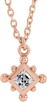 14K Gold Square Natural White Sapphire Bezel-Set Beaded Necklace - Rose Gold