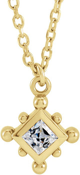 14K Gold Square Natural White Sapphire Bezel-Set Beaded Necklace - Yellow Gold