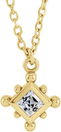 14K Gold Square Natural White Sapphire Bezel-Set Beaded Necklace - Yellow Gold