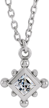 14K Gold Square Natural White Sapphire Bezel-Set Beaded Necklace - White Gold