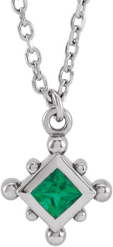 14K Gold Square Lab-Grown Emerald Bezel-Set Beaded Necklace - White Gold