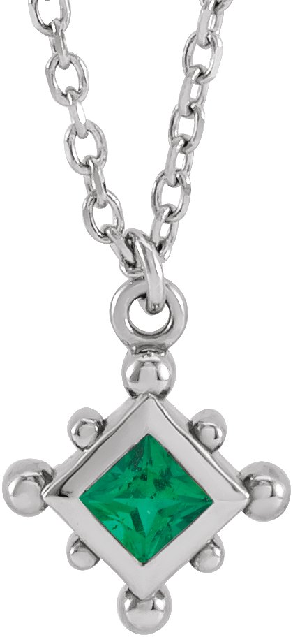 14K Gold Square Lab-Grown Emerald Bezel-Set Beaded Necklace - White Gold