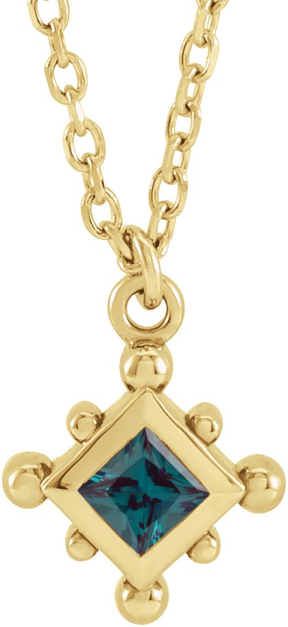 14K Gold Square Lab-Grown Alexandrite Bezel-Set Beaded Necklace - Yellow Gold