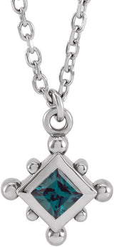 14K Gold Square Lab-Grown Alexandrite Bezel-Set Beaded Necklace - White Gold