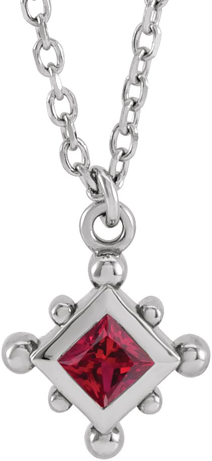 14K Gold Square Lab-Grown Ruby Bezel-Set Beaded Necklace - White Gold
