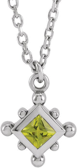 14K Gold Square Natural Peridot Bezel-Set Beaded Necklace - White Gold