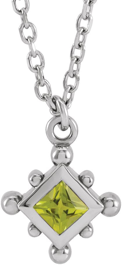 14K Gold Square Natural Peridot Bezel-Set Beaded Necklace - White Gold