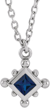 14K Gold Square Natural Blue Sapphire Bezel-Set Beaded Necklace - White Gold