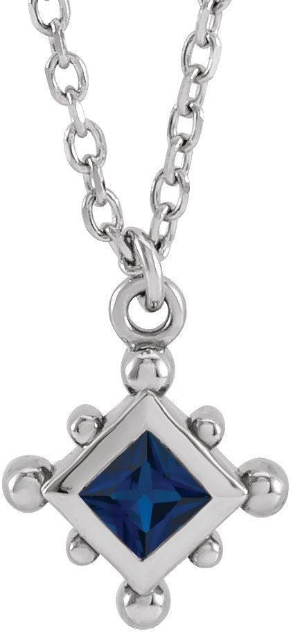14K Gold Square Natural Blue Sapphire Bezel-Set Beaded Necklace - White Gold