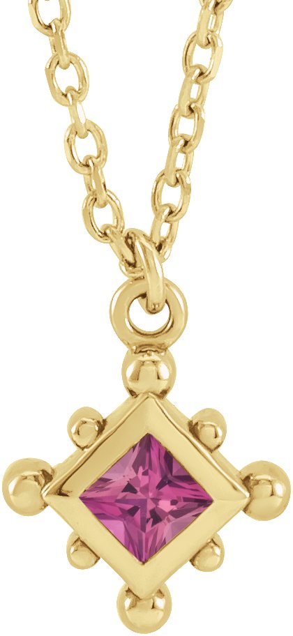 14K Gold Square Natural Pink Tourmaline Bezel-Set Beaded Necklace - Yellow Gold