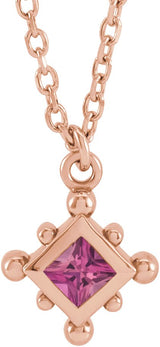 14K Gold Square Natural Pink Tourmaline Bezel-Set Beaded Necklace - Rose Gold