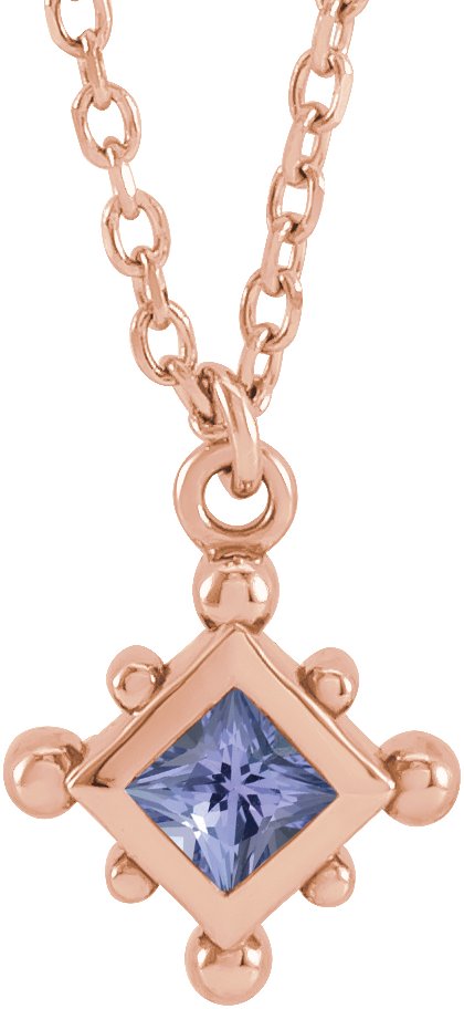 14K Gold Square Natural Tanzanite Bezel-Set Beaded Necklace - Rose Gold
