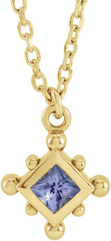 14K Gold Square Natural Tanzanite Bezel-Set Beaded Necklace - Yellow Gold