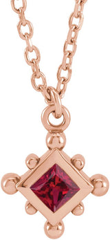 14K Gold Square Natural Ruby Bezel-Set Beaded Necklace - Rose Gold