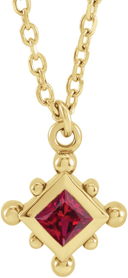 14K Gold Square Natural Ruby Bezel-Set Beaded Necklace - Yellow Gold