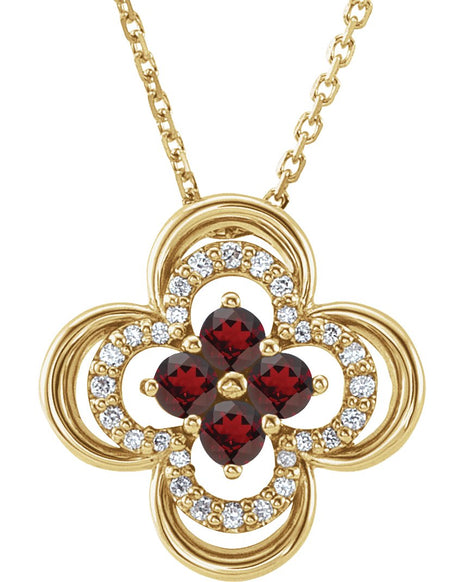 14K Gold Round Natural Mozambique Garnet Clover Necklace or Pendant – 0.08 CTW - Yellow Gold