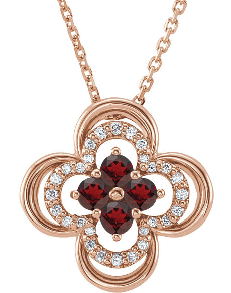 14K Gold Round Natural Mozambique Garnet Clover Necklace or Pendant – 0.08 CTW - Rose Gold